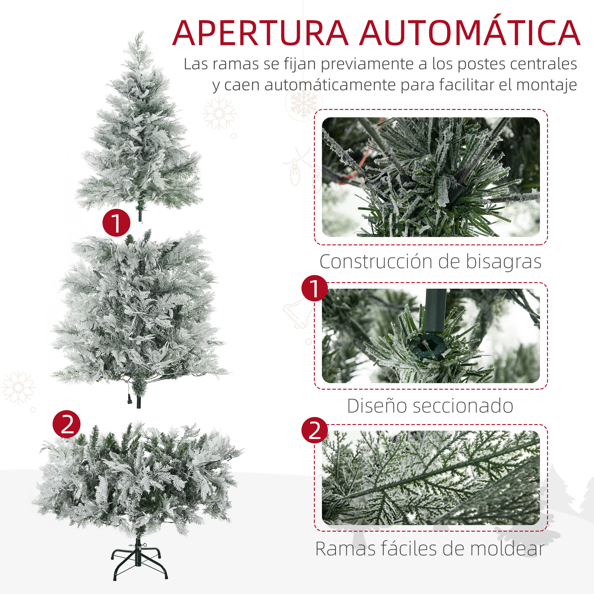 Árbol de Navidad Artificial 180 cm con 300 Luces LED Blancas Cálidas Árbol de Navidad Nevado con 577 Ramas Forma de Ciprés Base Plegable Decoración Navideña