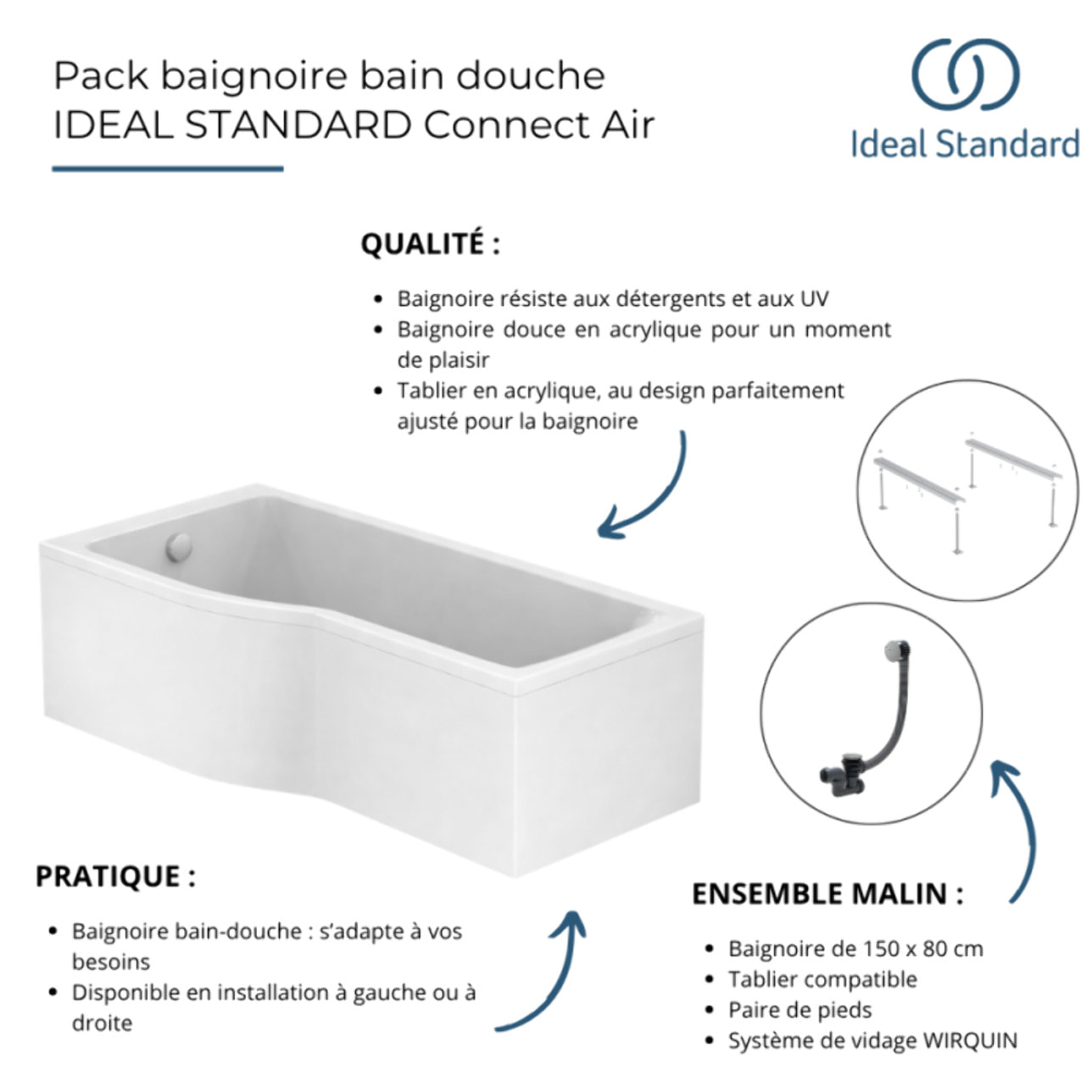 Baignoire bain douche 150 x 80 cm gauche Connect Air + tablier + pieds + vidage Blanc