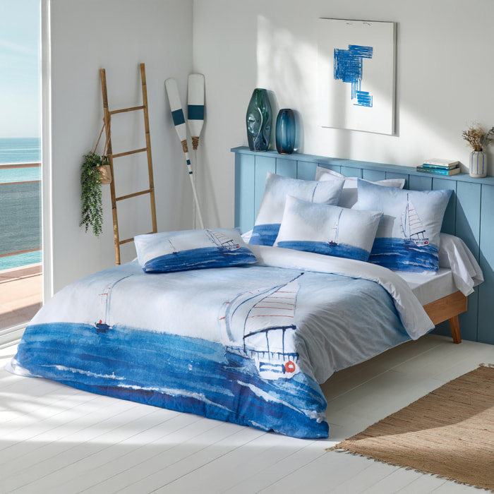 Parure de lit 2 pièces percale de coton voilier marin housse + taie - Bleu