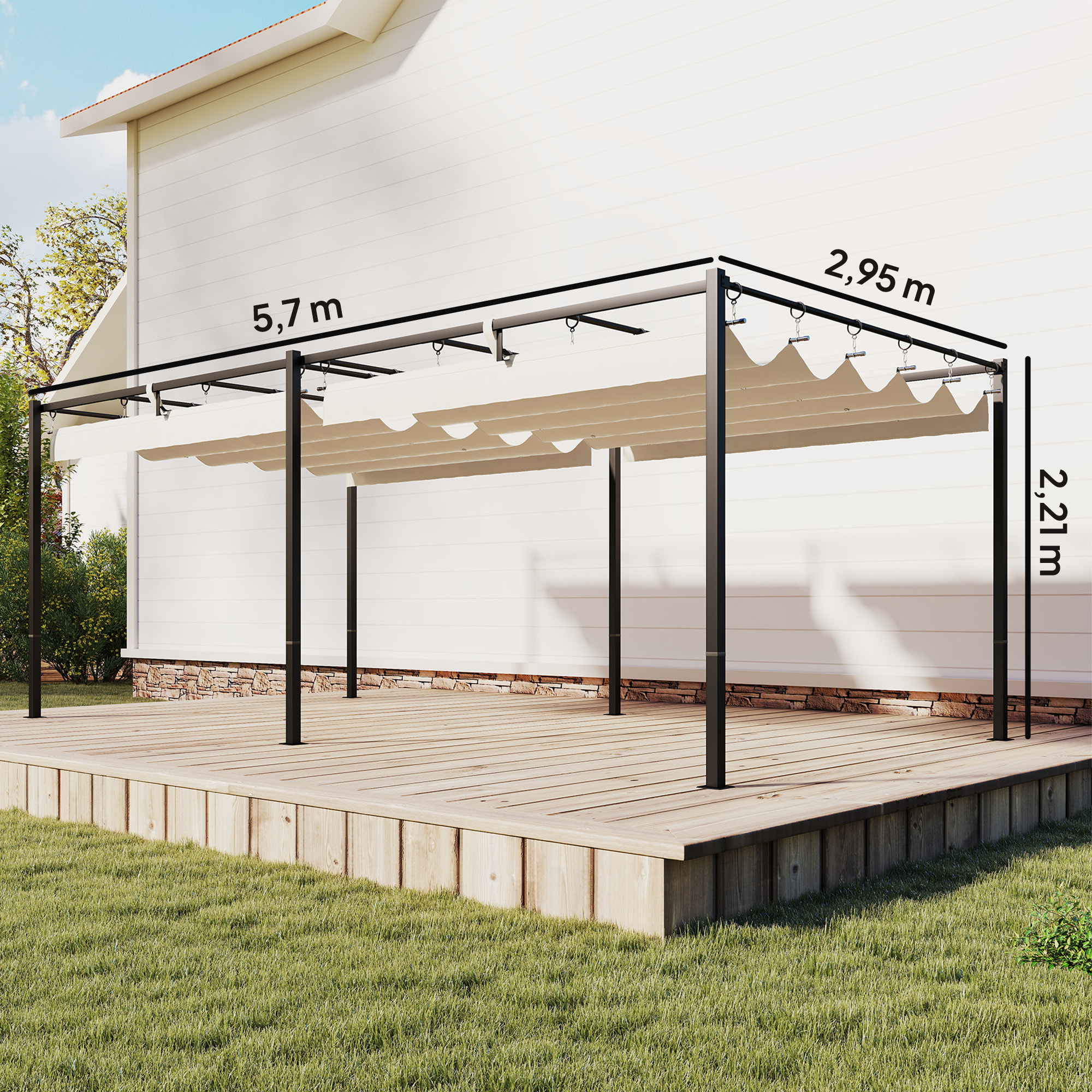 Pérgola de Jardín 6x3 m con Techo Retráctil, Cenador de Jardín con Protección UPF50+, Drenaje, Estructura Metálica, Pabellón para Patio, Terraza, Exterior, Blanco Crema
