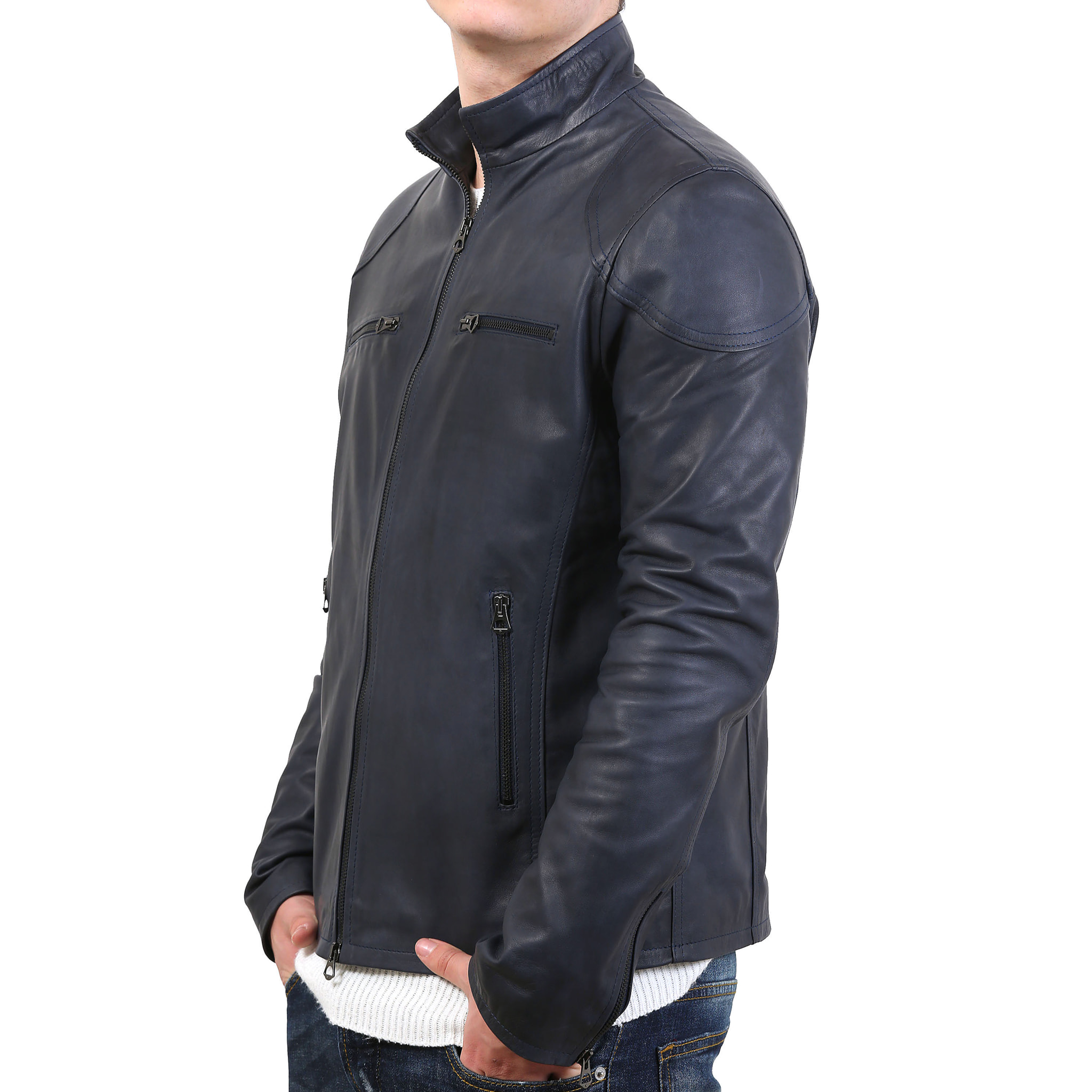 Giubbino in pelle di vitello tamponato Blu-Slim Fit
