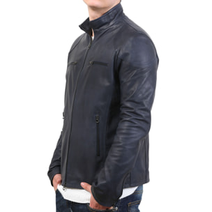 Giubbino in pelle di vitello tamponato Blu-Slim Fit