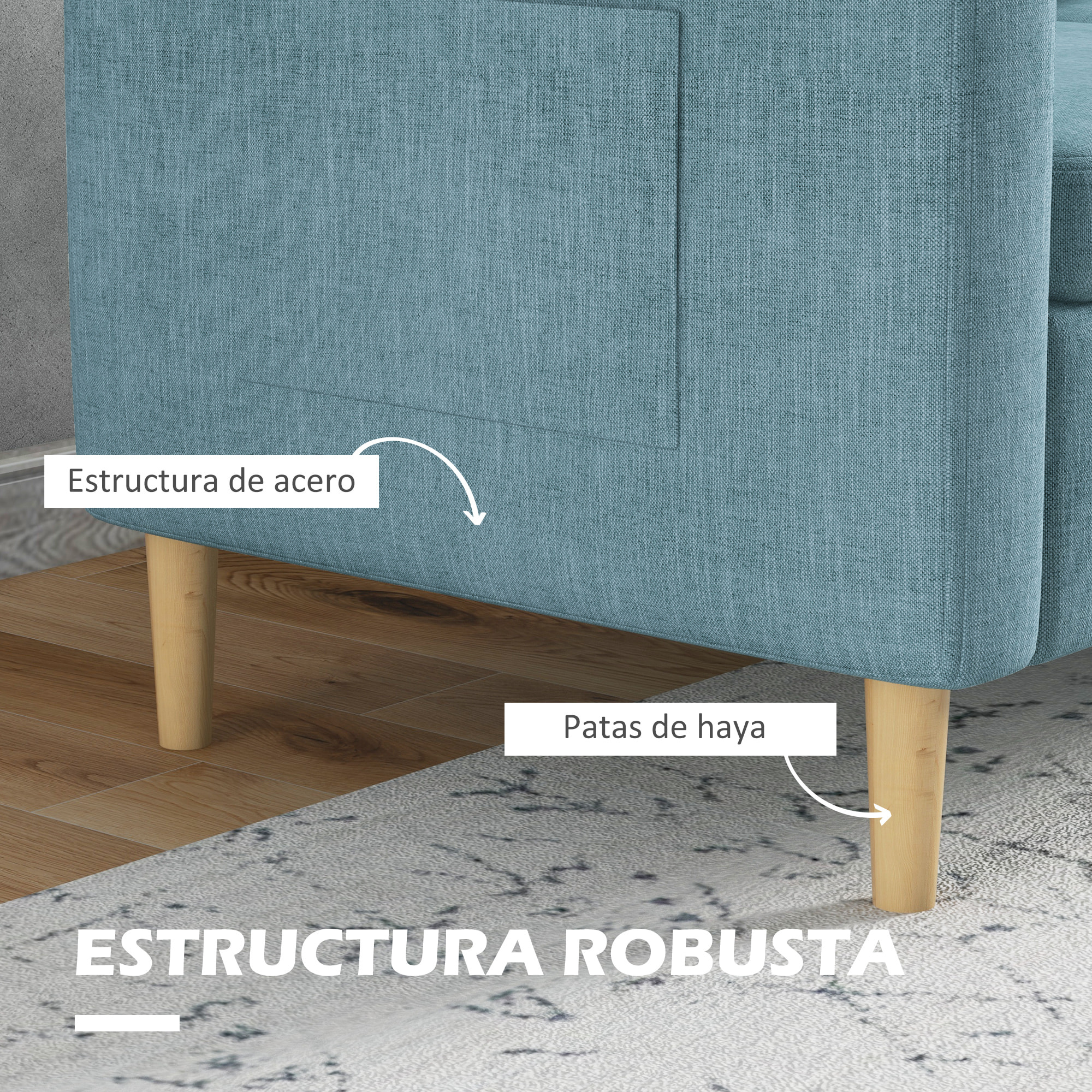 Sofá de 2 Plazas Sillón Moderno Tapizado en Poliéster con 2 Bolsillos Laterales Reposabrazos y Patas de Madera para Dormitorio Oficina Carga 200 kg 143x76x83 cm Azul Claro