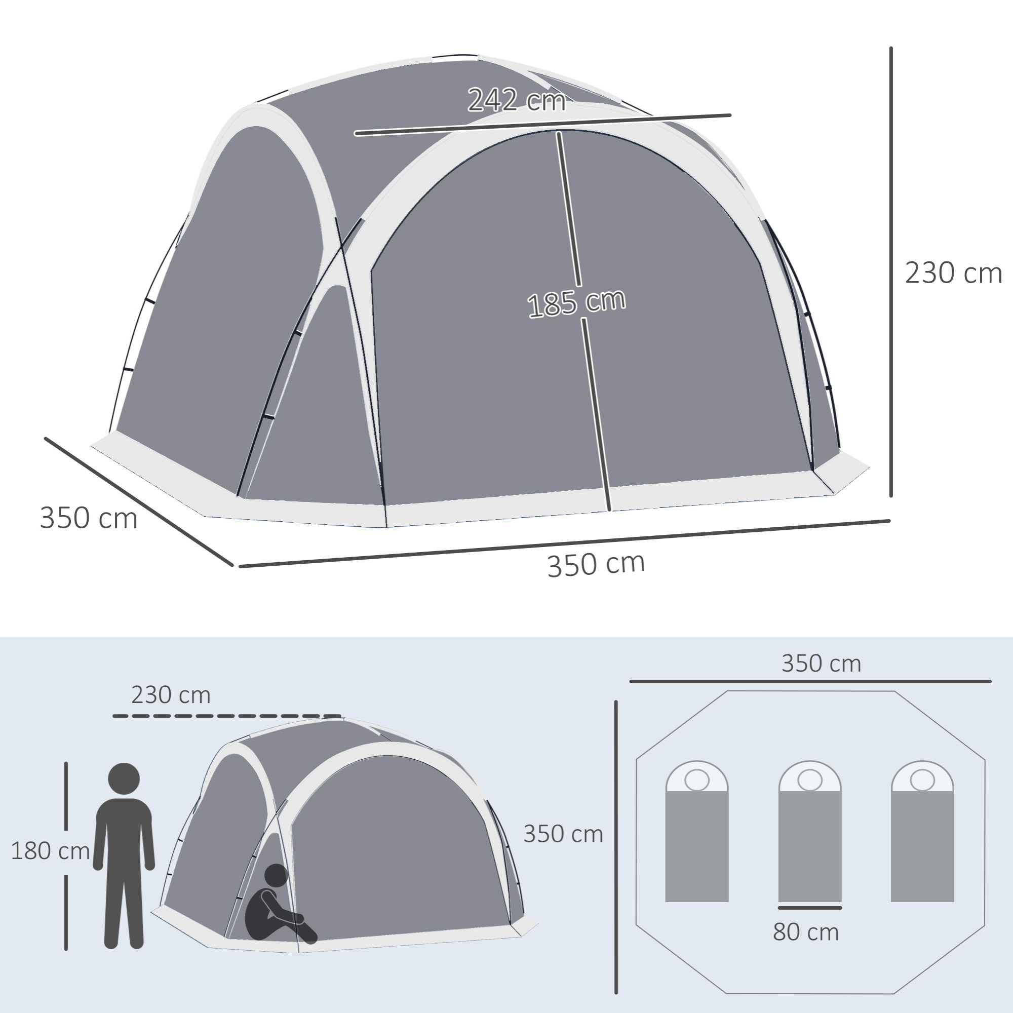 Tienda de Campaña Familiar para 6-8 Personas Tienda de Camping con 4 Mosquiteros Gancho y Bolsa de Transporte Anti-UV para Pescar Senderismo 350x350x230 cm Gris y Blanco