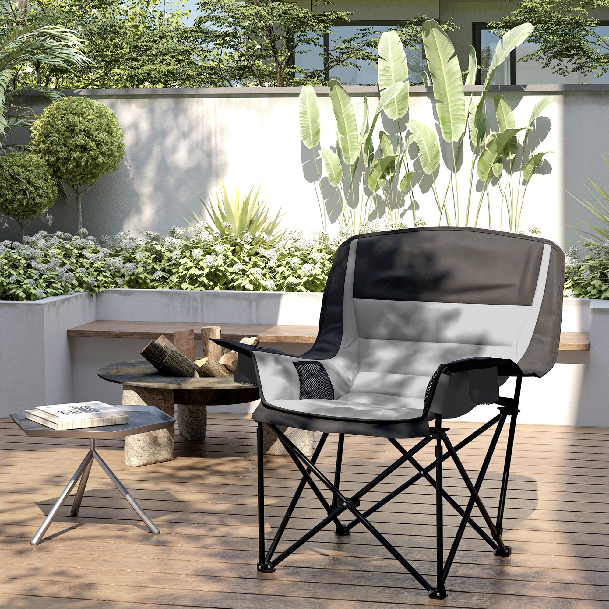 Chaise de camping pliante rembourrée - porte-gobelets, poches latérales rangement - sac transport inclus - gris noir