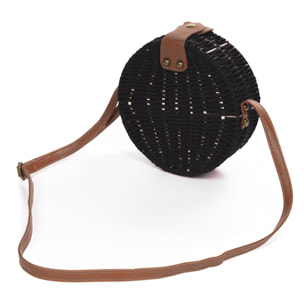 IRIA QUINTANA Borsa a tracolla da donna Cuneo. Tessuto Paglia Pelle Sintetica PU 18x4x18 Cm. Colore nero