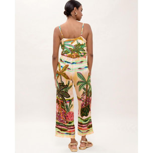 Top in pizzo con stampa di palme multicolore