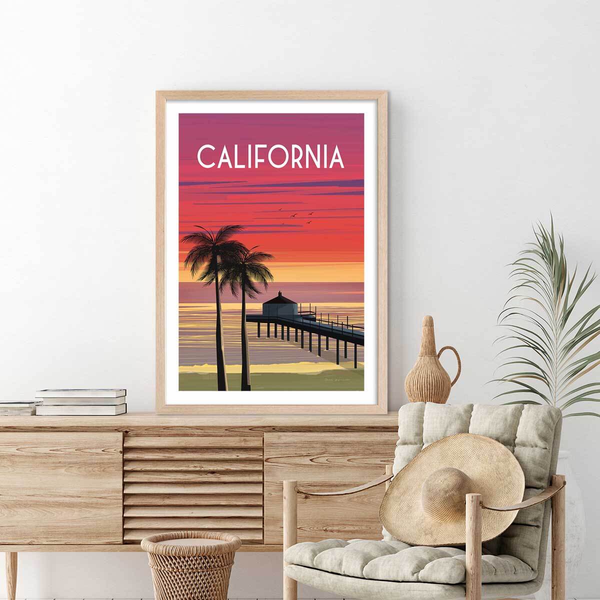 Affiche ville voyage California dream Affiche + cadre en bois - Chêne