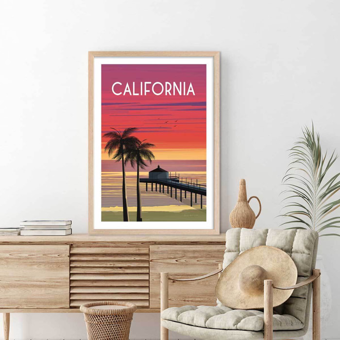 Affiche ville voyage California dream Affiche + cadre en bois - Chêne