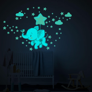 Sticker phosphorescent lumineux - ÉLÉPHANTS JOYEUX DANS LES NUAGES + 120 ÉTOILES