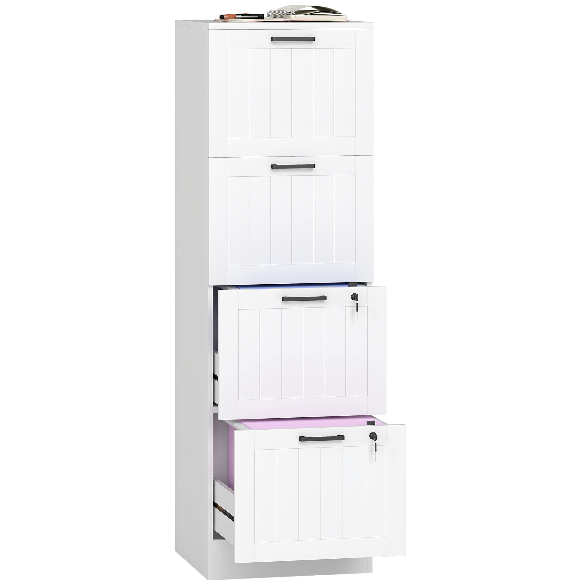 Cajonera Escritorio con 4 Cajones, Cajonera de Oficina, Mueble Archivador, con 2 Cerraduras, Riel Colgante para A4 y Carta, 40x40x131 cm, Blanco