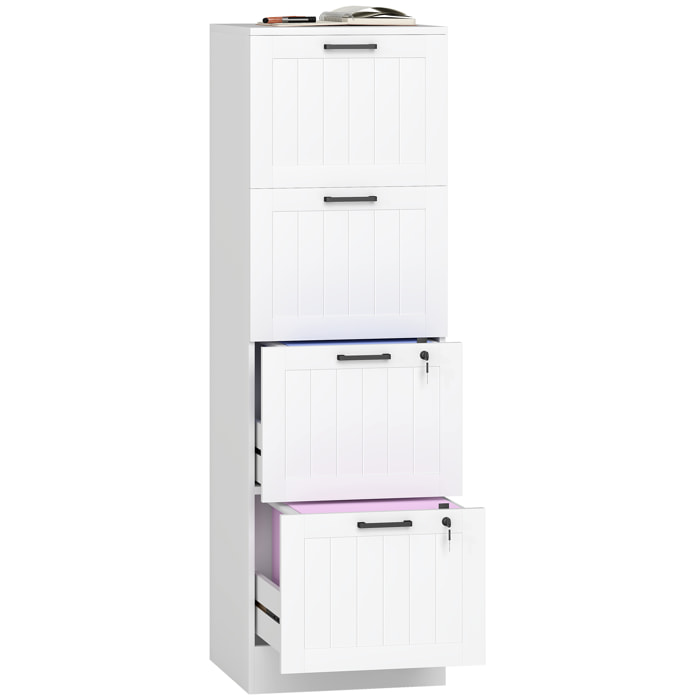 Cajonera Escritorio con 4 Cajones, Cajonera de Oficina, Mueble Archivador, con 2 Cerraduras, Riel Colgante para A4 y Carta, 40x40x131 cm, Blanco
