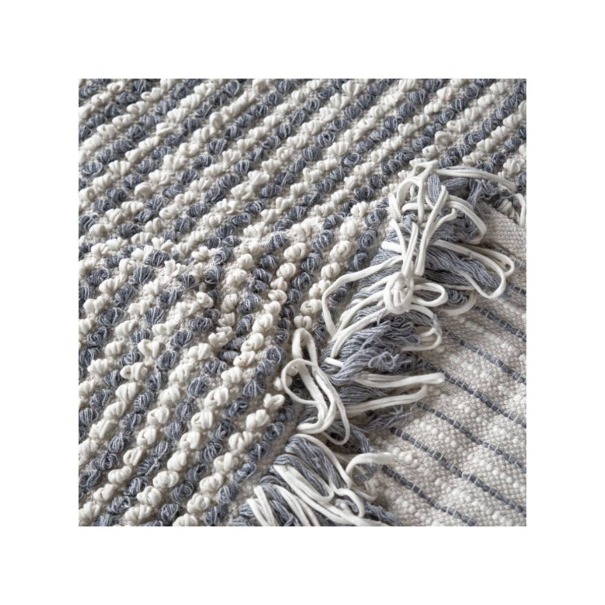 Tapis 140x200 cm en tissu texturé pompons avec franges bicolores - MARINE