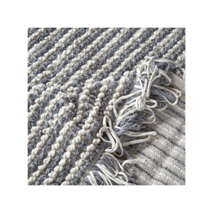 Tapis 140x200 cm en tissu texturé pompons avec franges bicolores - MARINE