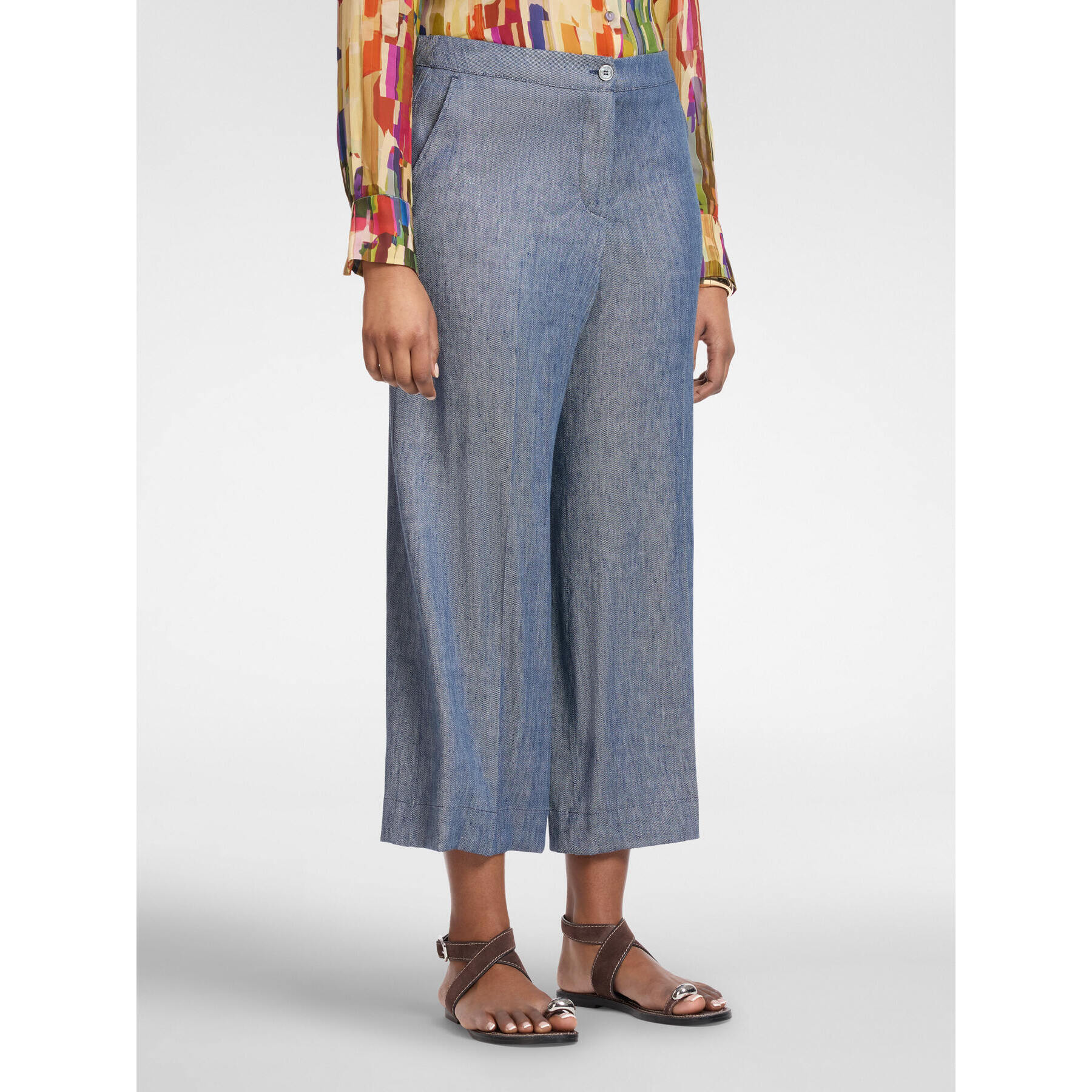 Elena Mirò - Pantalones cropped de lino efecto denim - Azul