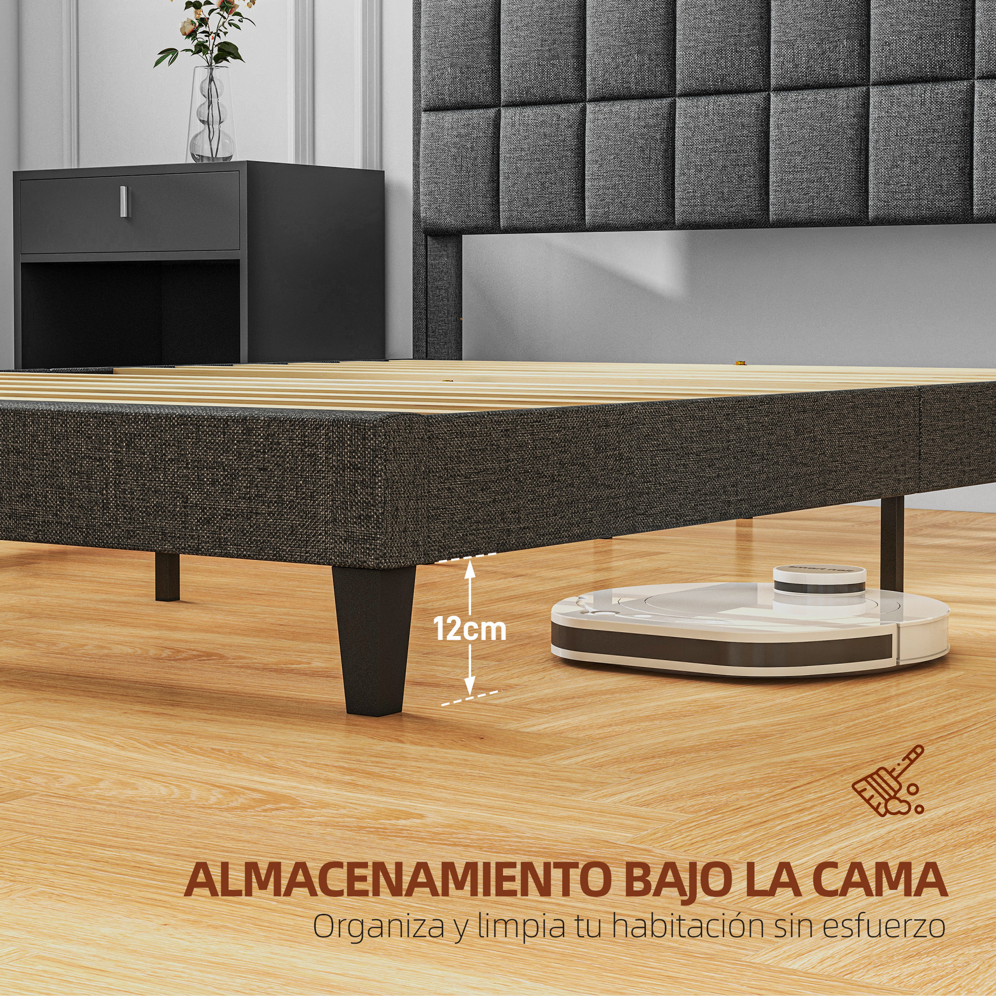 Cama 135x190 cm Estructura de Cama Somier con Cabecera Tapizada de Lino y Espacio de Almacenamiento Debajo de la Cama Carga 300 kg Gris