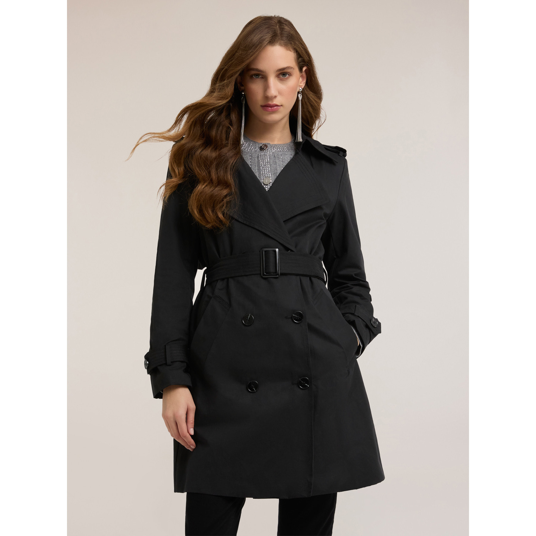 Motivi - Trench doppiopetto in tessuto tecnico - Nero