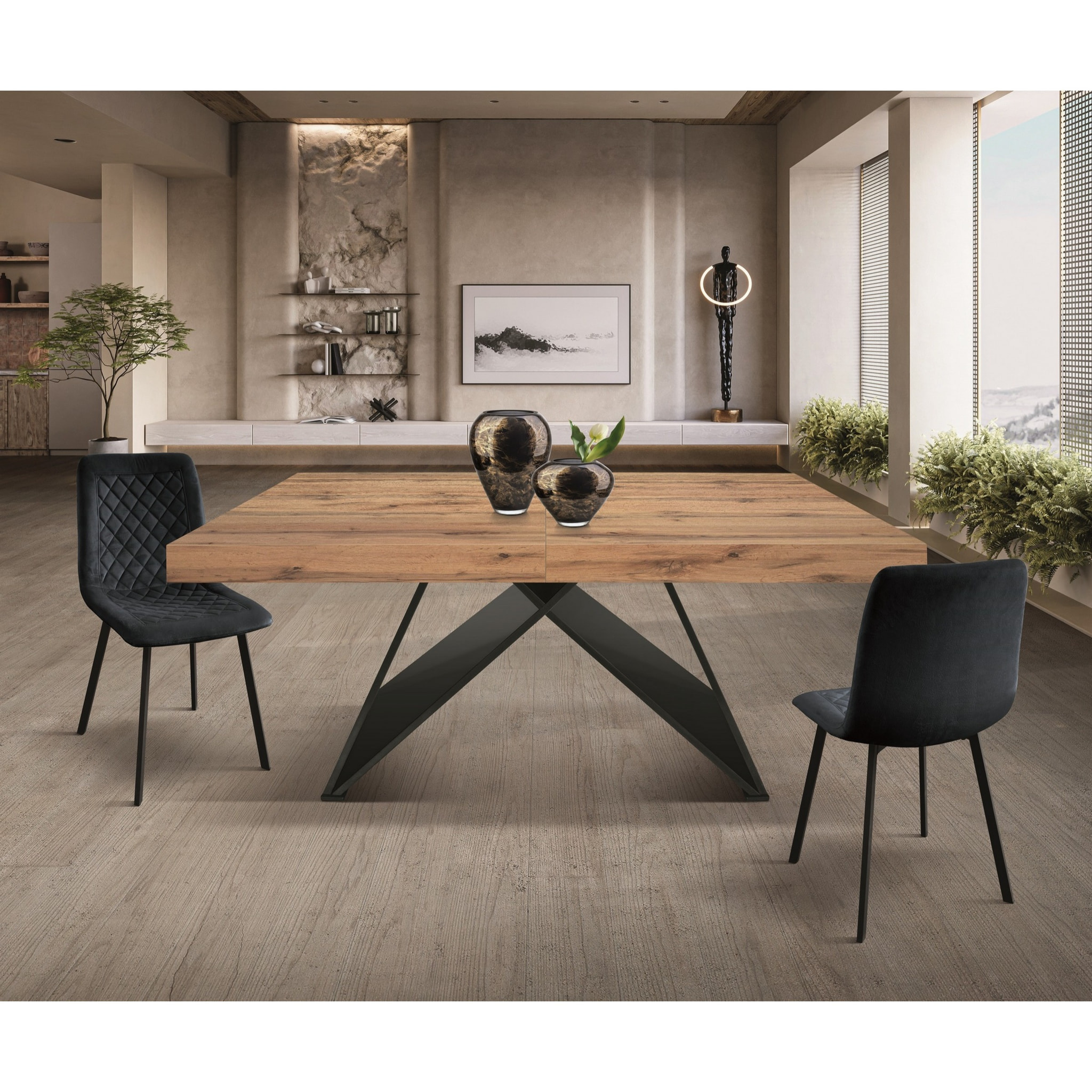 Tavolo VULCANO in legno, finitura rovere rustico con base in MDF antracite, allungabile 160×90 cm – 240×90 cm