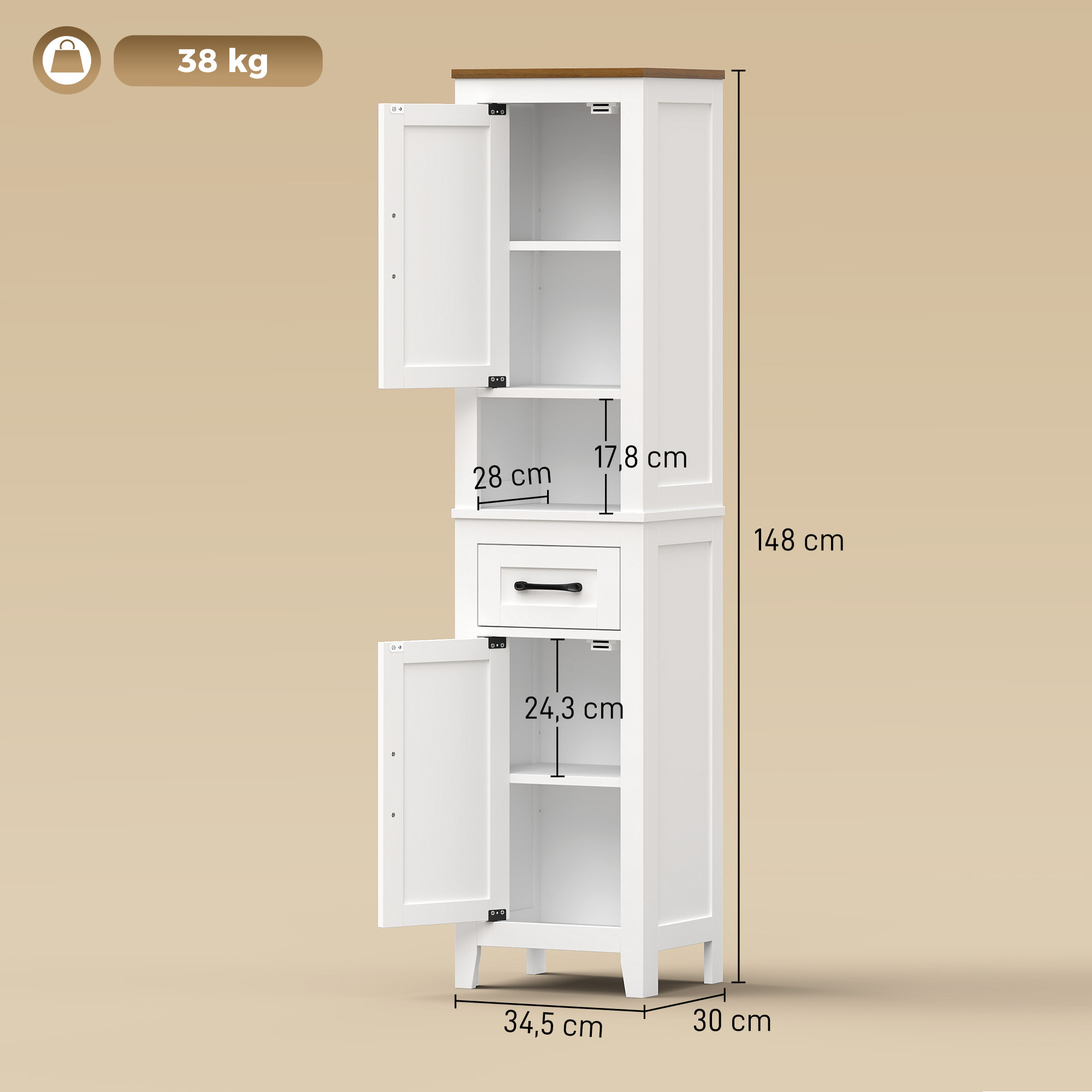 HOMCOM Armario de Baño Alto, Mueble de Baño Estrecho con Cajón, Estante Abierto, Puertas y Estantes Ajustables, Estilo Rústico, 34,5x30x148 cm, Blanco