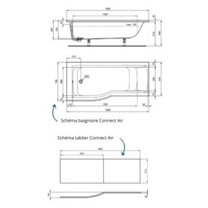 Baignoire bain douche 170 x 80 cm gauche Connect Air + tablier + pieds