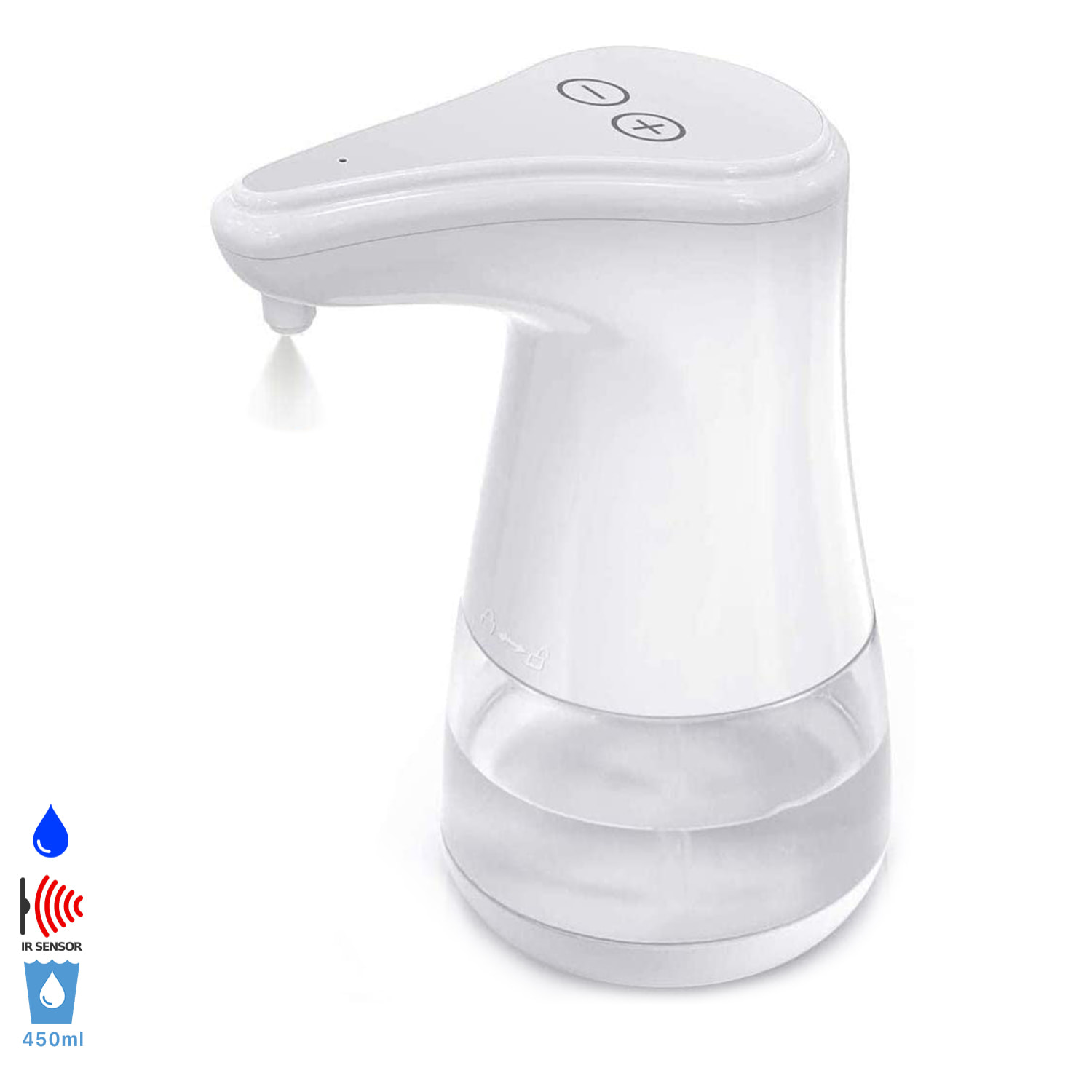 Dispensador automático por infrarojos con dosis regulable para gel hidroalcólico o jabón por goteo de 360ml.