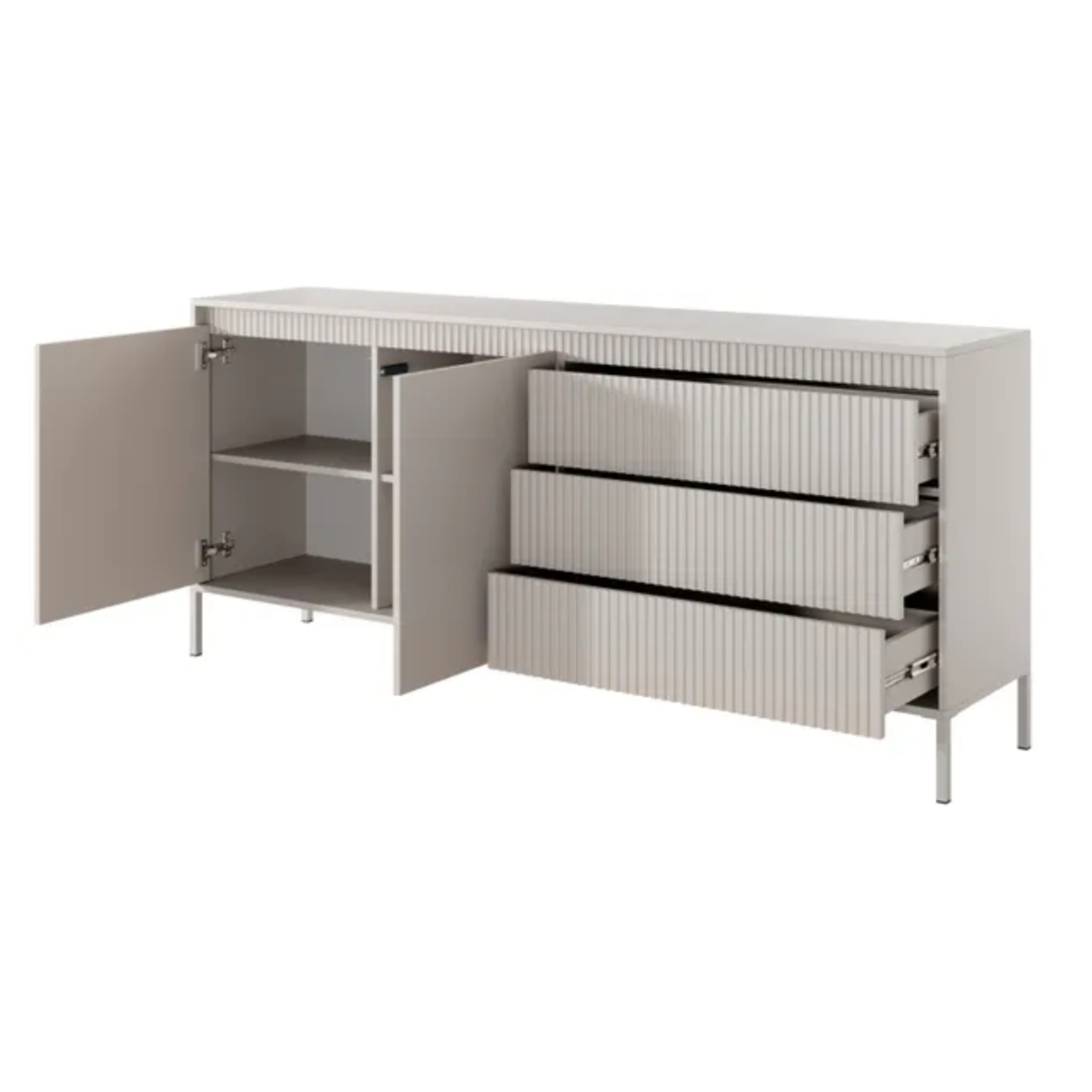Madia Credenza 2 Ante 3 Cassetti Push To Open Con Ripiani E Vani Mobile Soggiorno Design Moderno Con Piedini In Metallo 187.1 x 81.4 x 39.5 Cm Cashmere