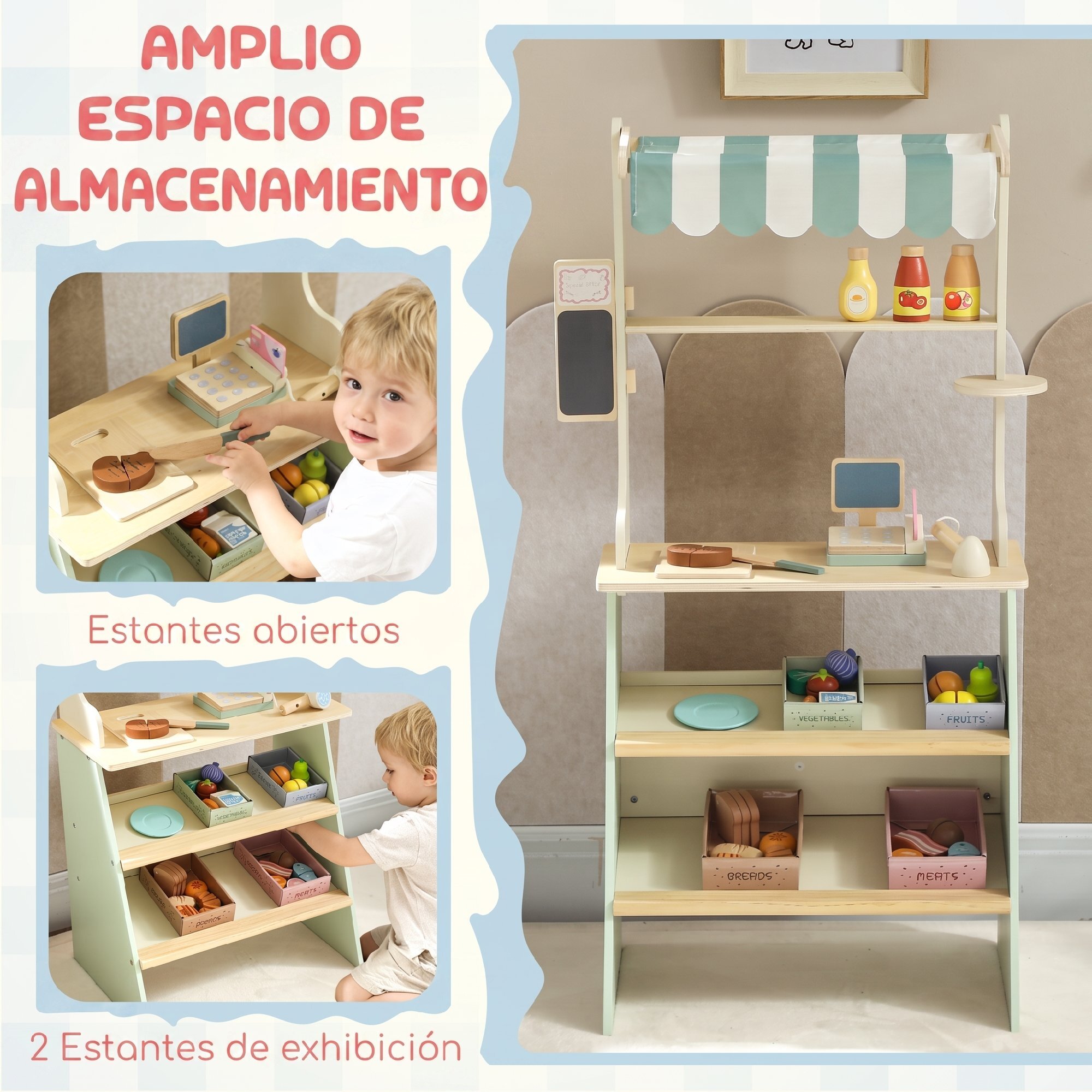 AIYAPLAY Supermercado de Juguete de Madera, Caja Registradora con Escáner y Tarjeta, Puesto de Mercado Infantil con Pizarra, Cajas, Toldo y Accesorios, Regalo para Niños de +3 Años, Verde