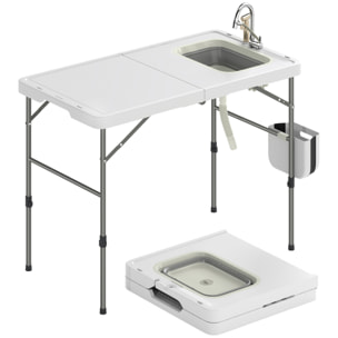 Mesa de Limpieza de Pescado Portátil, Mesa Plegable Camping con Altura Regulable, Grifo, Fregadero y Cesta Plegables, Manguera, Bolsa de Transporte, Regla, Ranuras, Estación de Limpieza Pesca