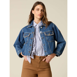 Oltre - Giubbotto boxy in denim con castoni - Blu
