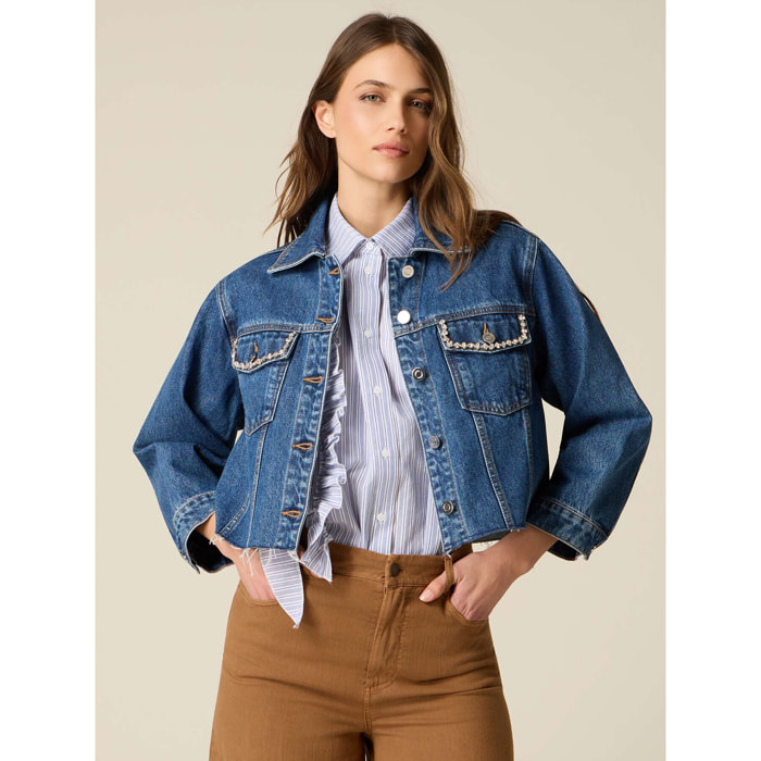Oltre - Giubbotto boxy in denim con castoni - Blu