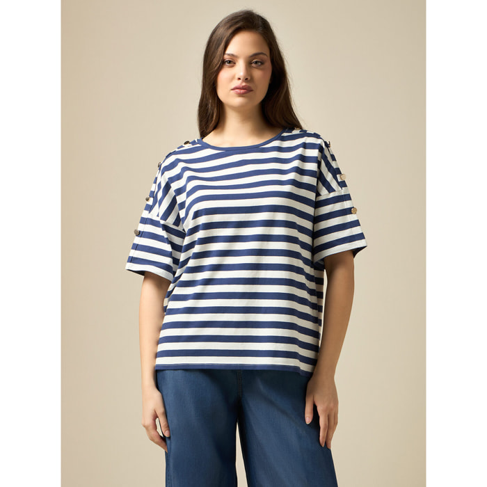 Oltre - T-shirt misto cotone a righe - Blu