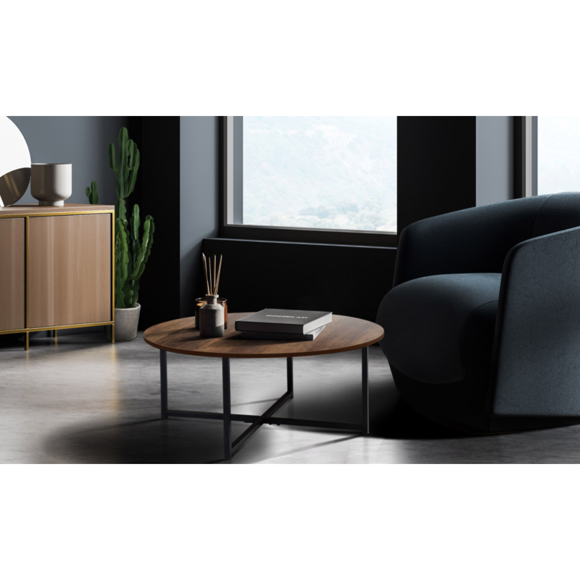 Table basse ronde Eliza plateau bois et pieds noirs