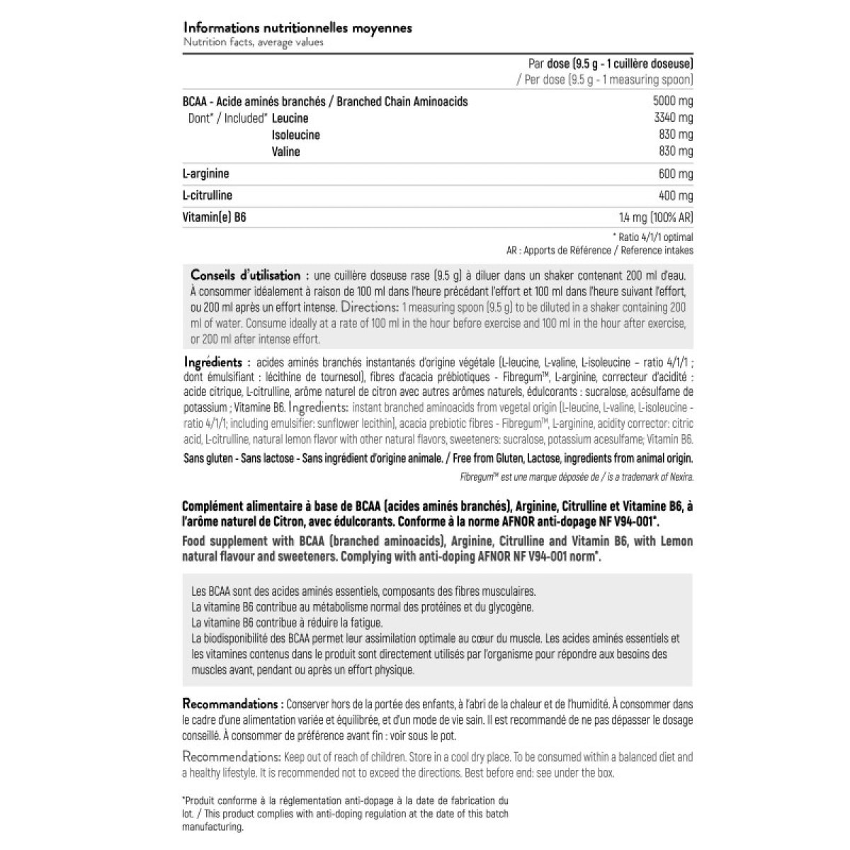 BCAA 4 : 1 : 1 - Favorise un meilleur développement musculaire & une meilleure récupération - Résistance à la fatigue - Ratio optimal Leucine, Valine, Isoleucine - 32 doses