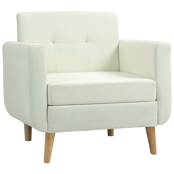Sillón de Salón Moderno Butaca para Dormitorio con Reposabrazos y Patas de Madera Sofá Individual Carga 125 kg para Oficina Sala de Estar Crema