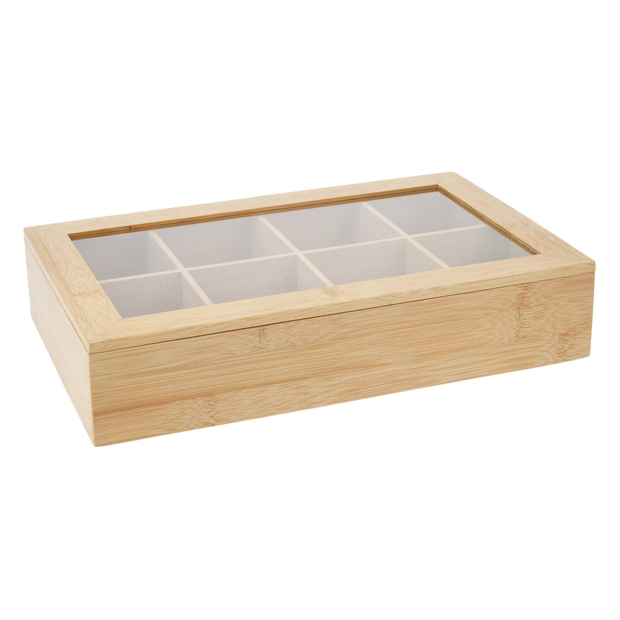 organizador de té de bambú con 8 compartimentos y diseño de aspecto natural