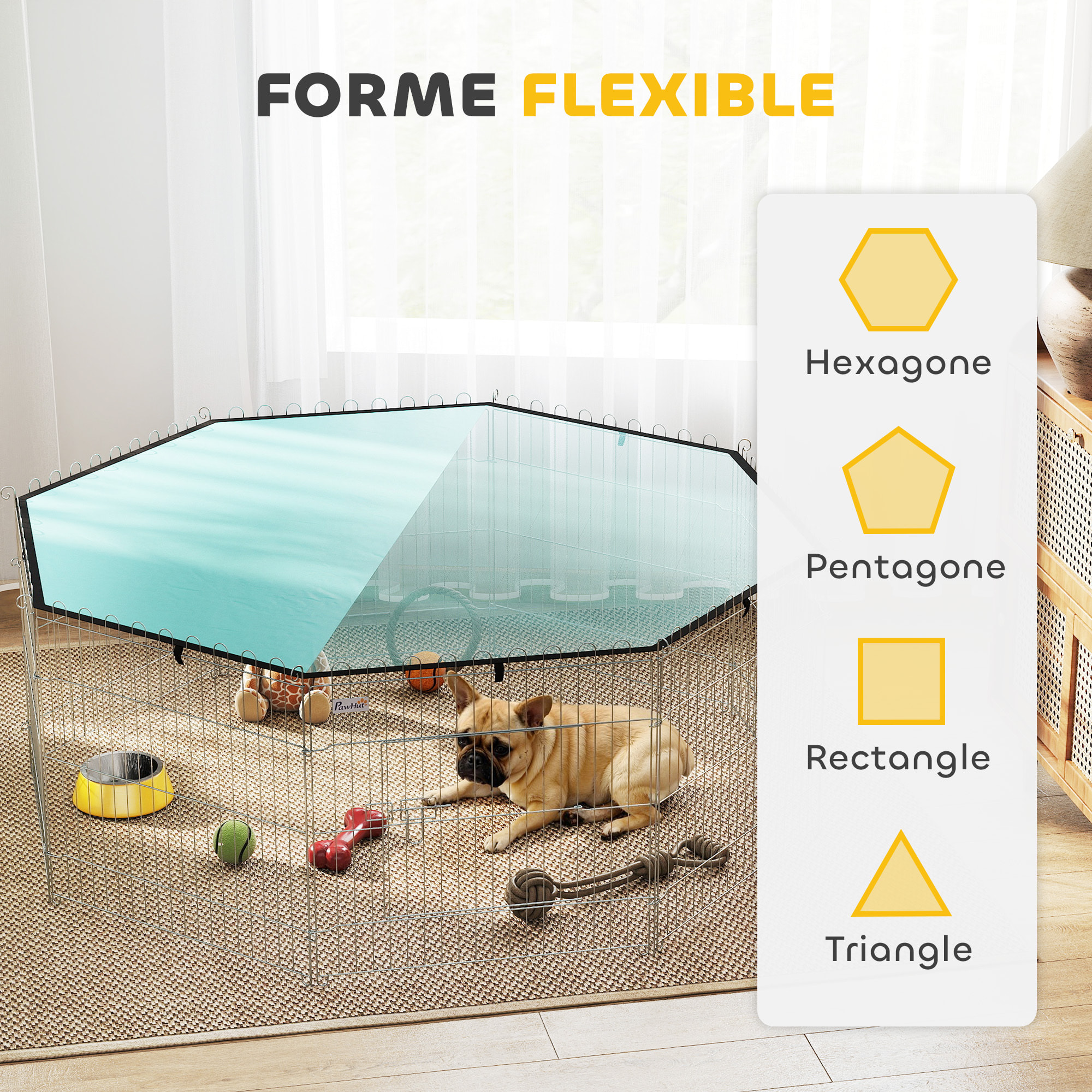 Parc pour chien 8 panneaux - avec toit, modulable et pliable - 60H cm - avec porte - intérieur et extérieur - argent vert