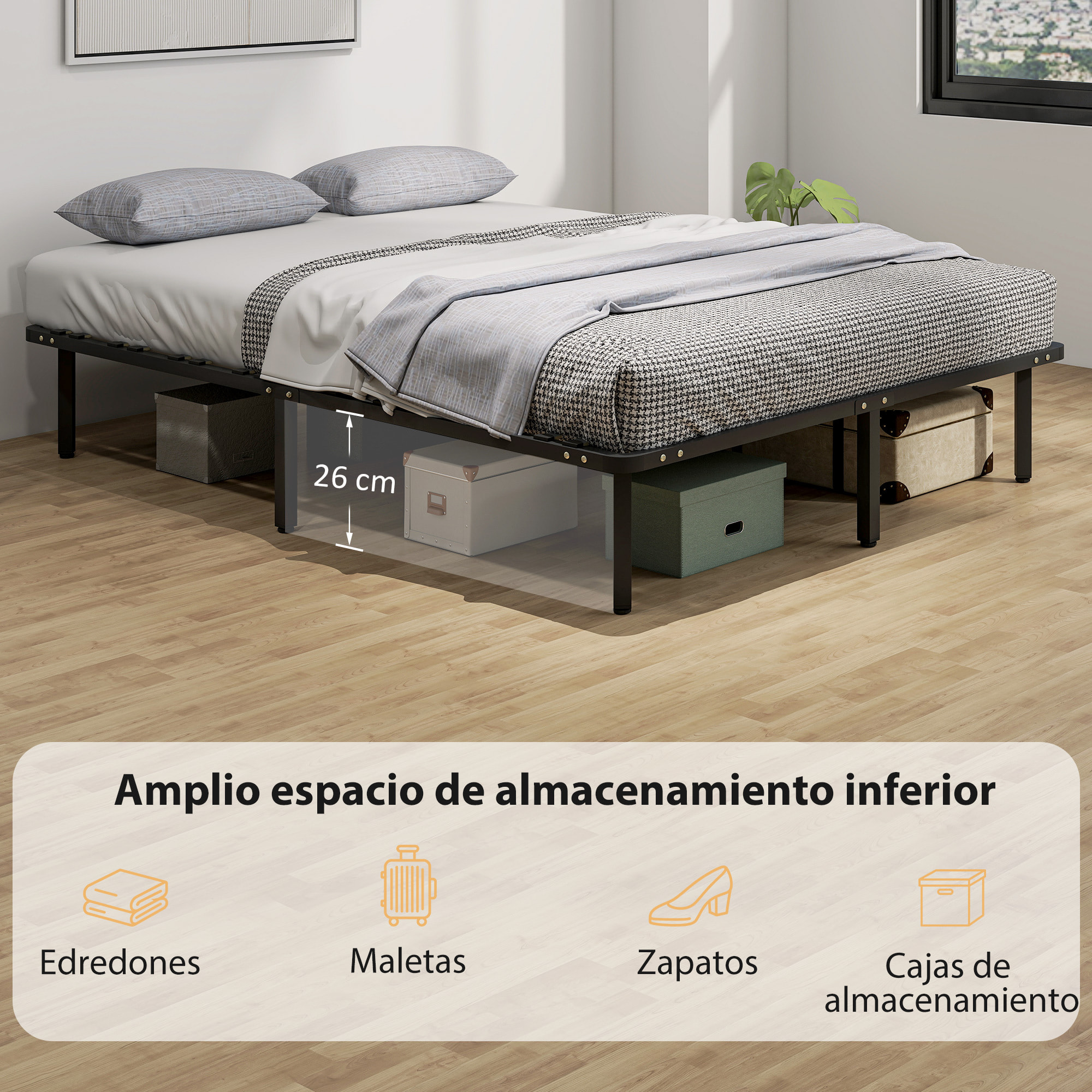 Somier 160x200 cm, Altura 26 cm, Estructura de Cama de Plataforma de Acero con Espacio de Almacenamiento Debajo y Láminas de Álamo, Fácil de Montar, Carga 350 kg, Negro