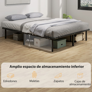 Somier 160x200 cm, Altura 26 cm, Estructura de Cama de Plataforma de Acero con Espacio de Almacenamiento Debajo y Láminas de Álamo, Fácil de Montar, Carga 350 kg, Negro