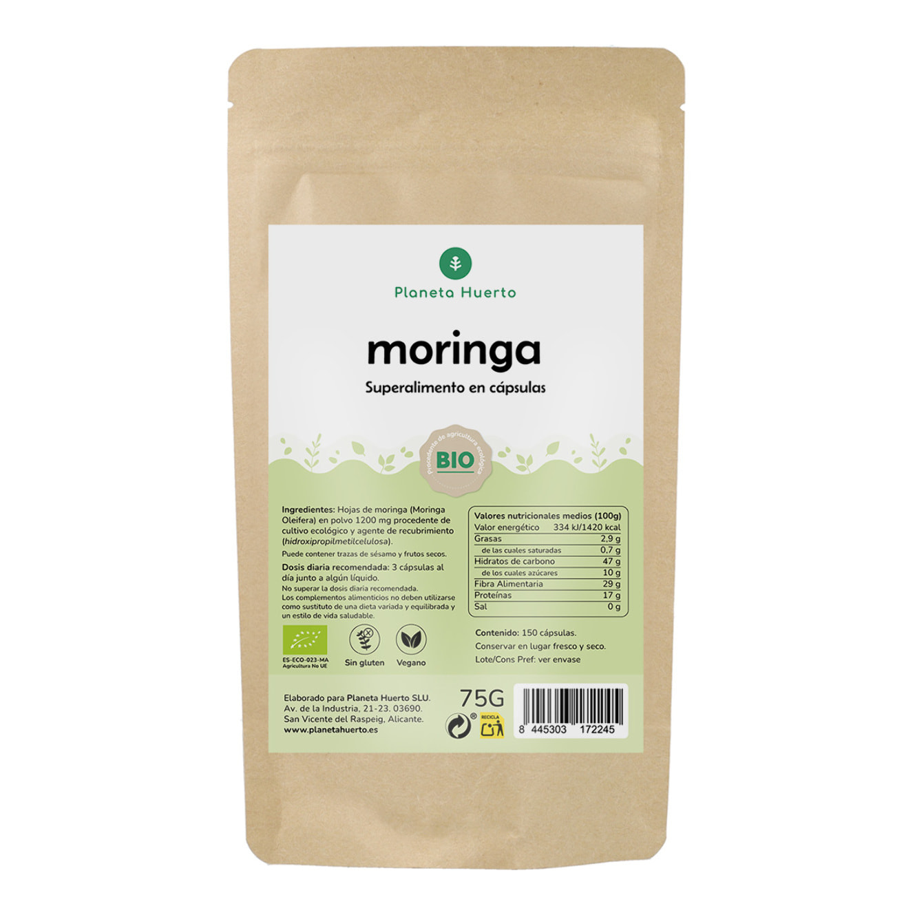 PLANETA HUERTO | Moringa BIO 150 Cápsulas, Superalimento Premium, Propiedades Nutricionales y Saludables