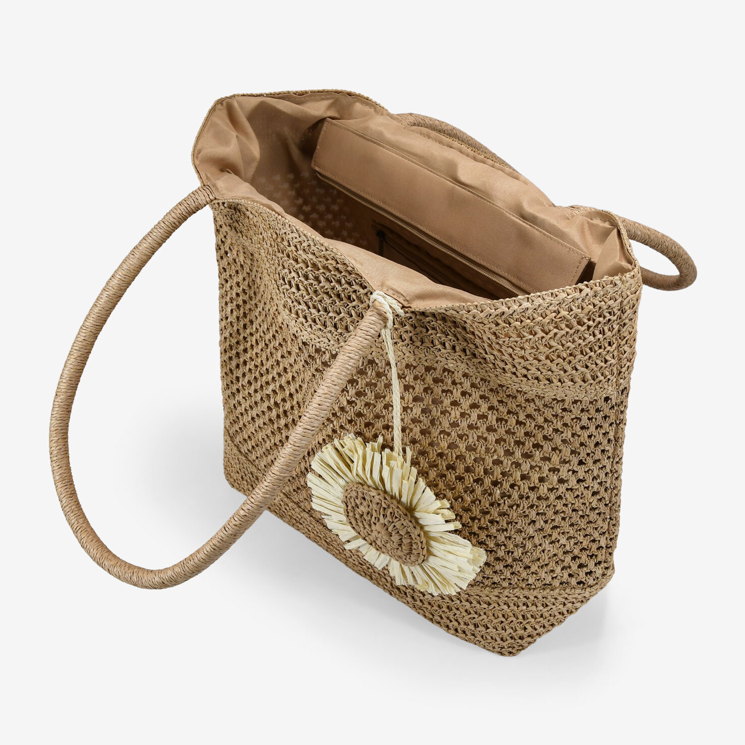 Bolso de hombro marrón claro en rafia con malla