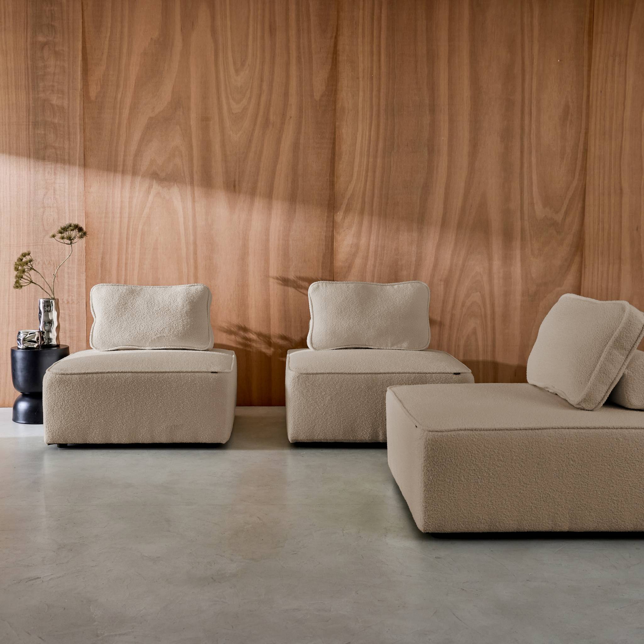 Lot de 3 chauffeuses pour canapé modulable tissu bouclette beige 1 place Bao. L 90 x P 90 x H 74cm