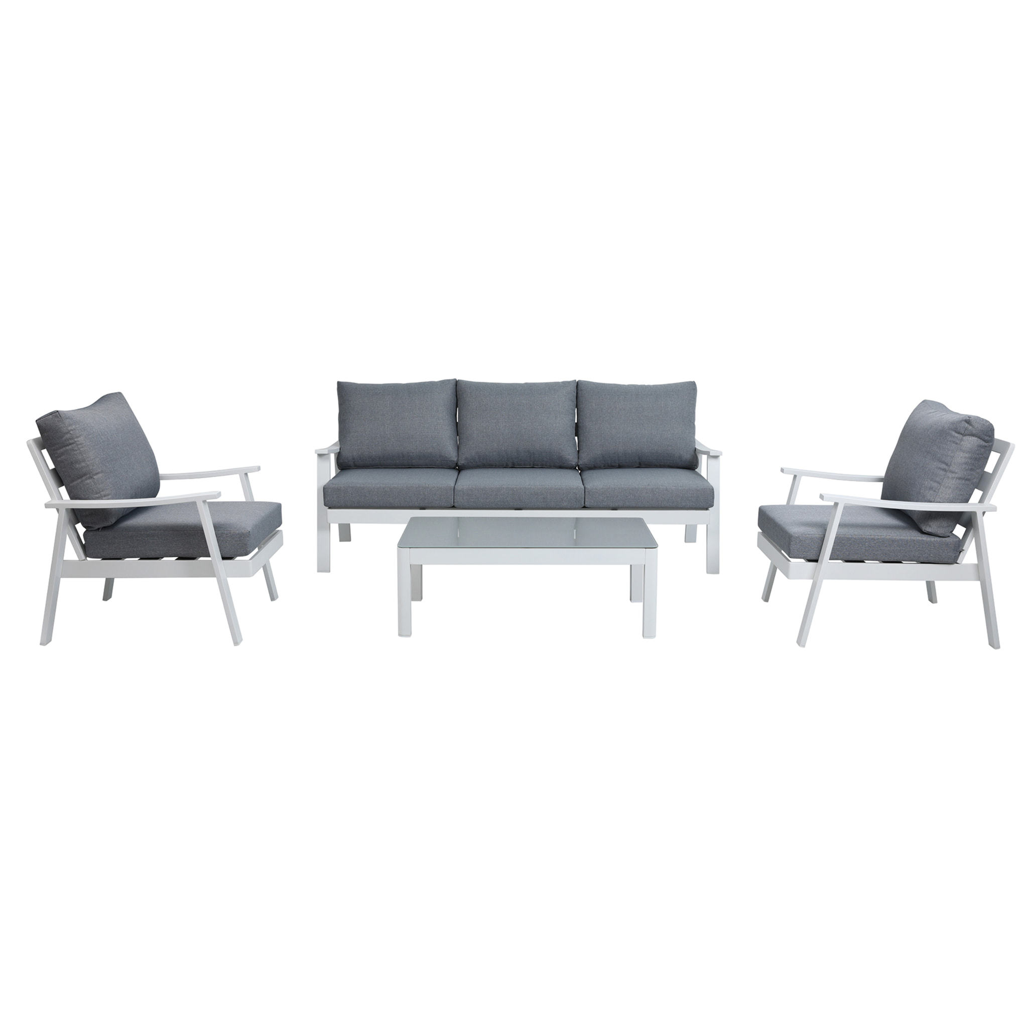 Set de jardín – Aluminio blanco y cojines grises