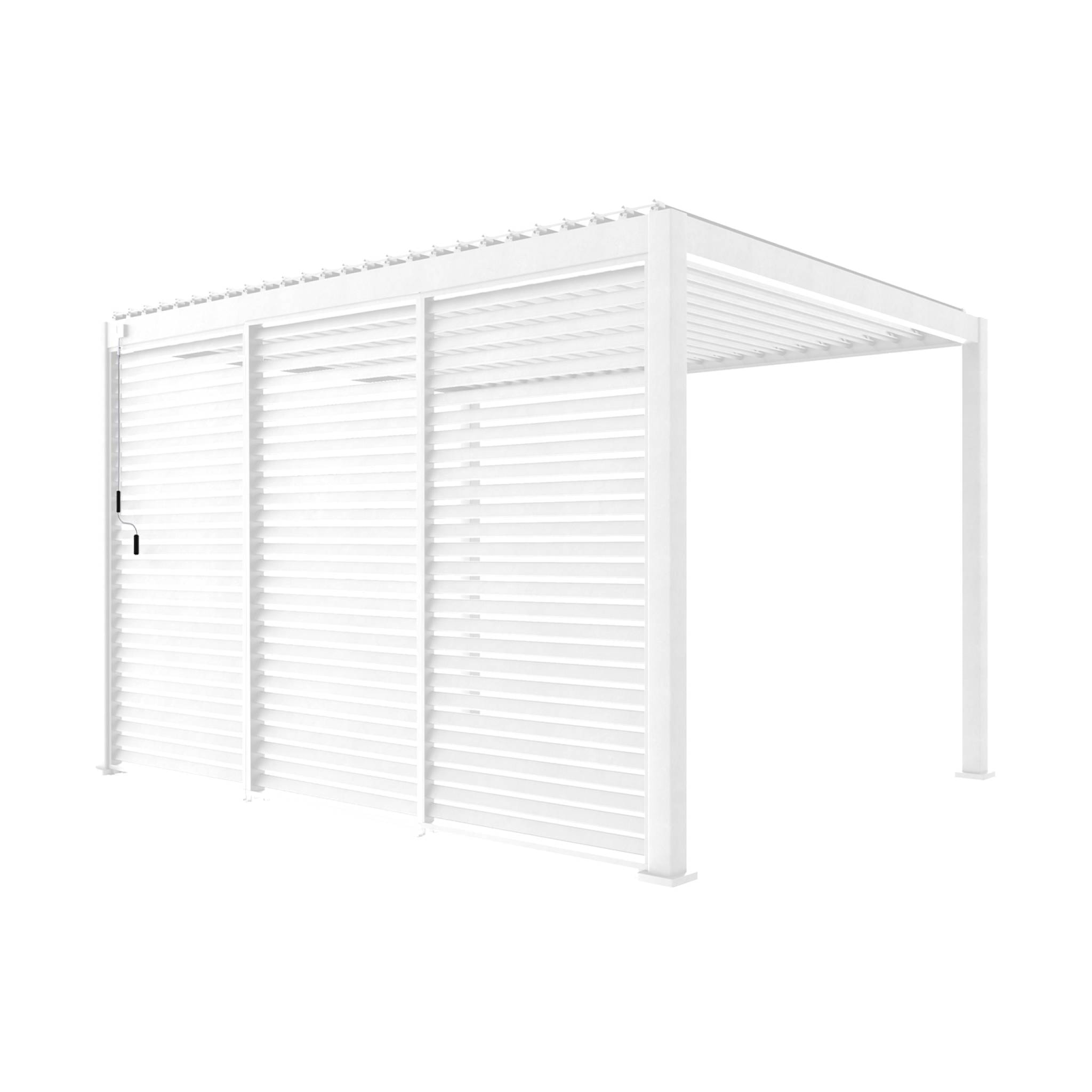 Pergola bioclimatique Triomphe 3x4 + 3 persiennes 130cm pour le côté de 4m. panneau brise vue. L 400 x P 300 x H 250 cm