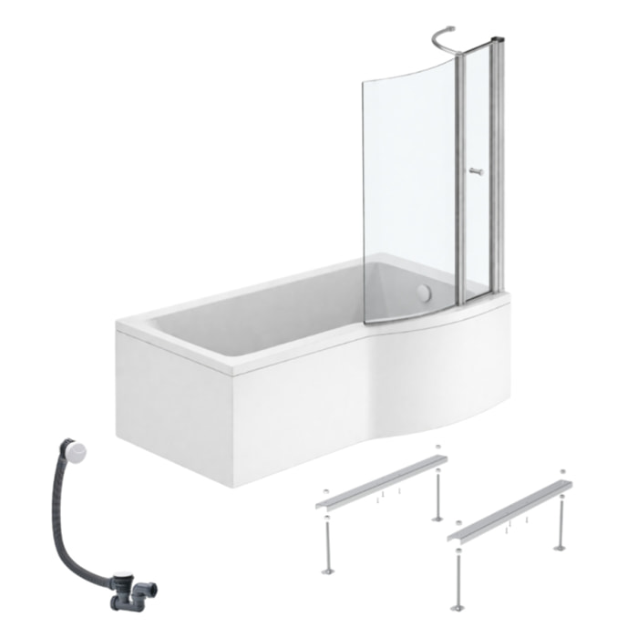 Pack baignoire bain douche 150 x 80 cm droite Connect Air + tablier + pare bain avec volet  + pieds + vidage Blanc