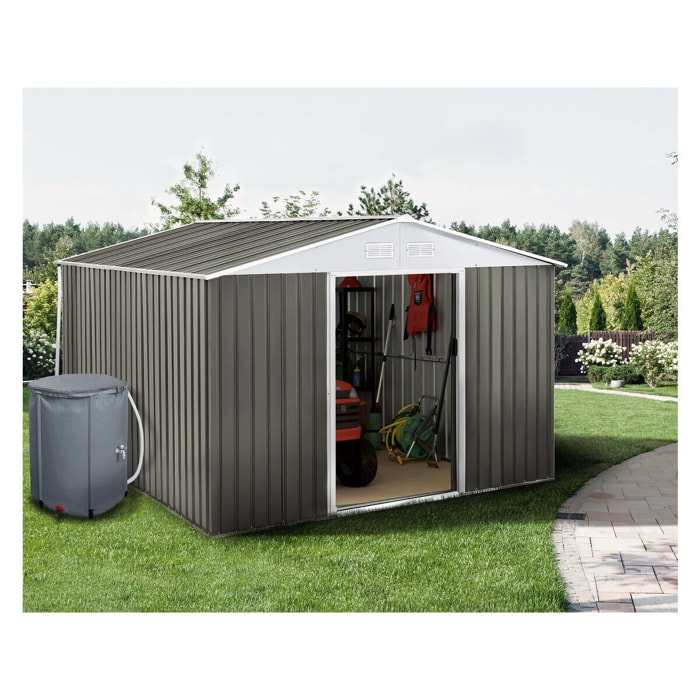 Abri jardin métal "Dallas" - 15,16 m² avec gouttière et récupérateur d'eau - Taupe