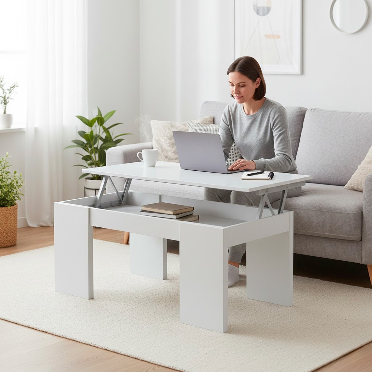 Tavolino da Caffè Con Piano Rialzabile Con Vano Contenitore Alzabile Tavolo da Salotto Moderno Salvaspazio Ideale per Lavorare 100 x 50 x 42 cm Bianco