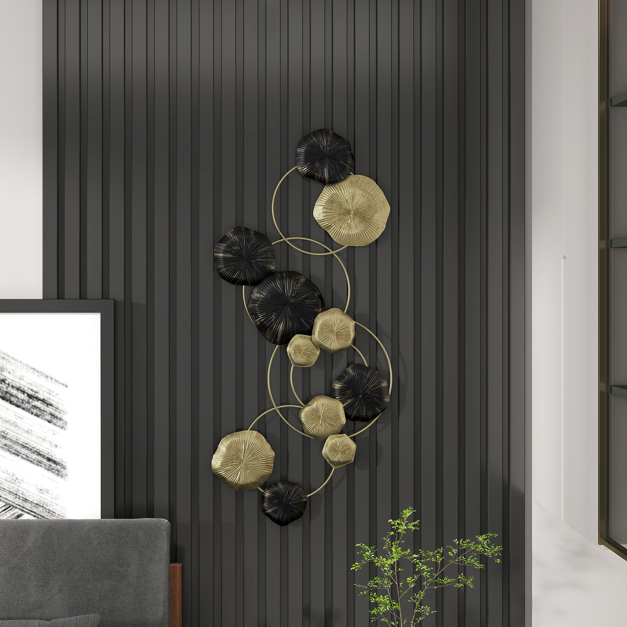 Décoration murale métal - décoration murale design feuilles de lotus - dim. 84 x 35 cm - doré noir