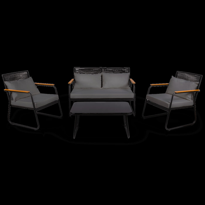 Conjunto de jardín 4 plazas, mesa centro+sofá+sillones de acero gris