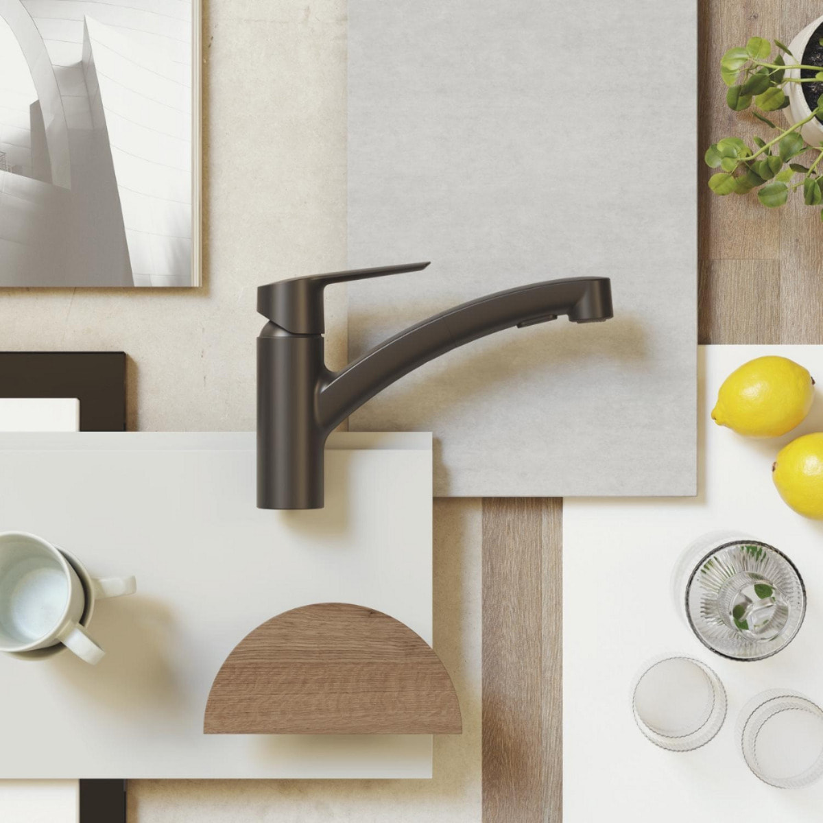 Evier avec égouttoir en granite à encastrer + mitigeur Grohe monocommande avec douchette 2 jets, noir mat (SATSINKGE3B-SET)