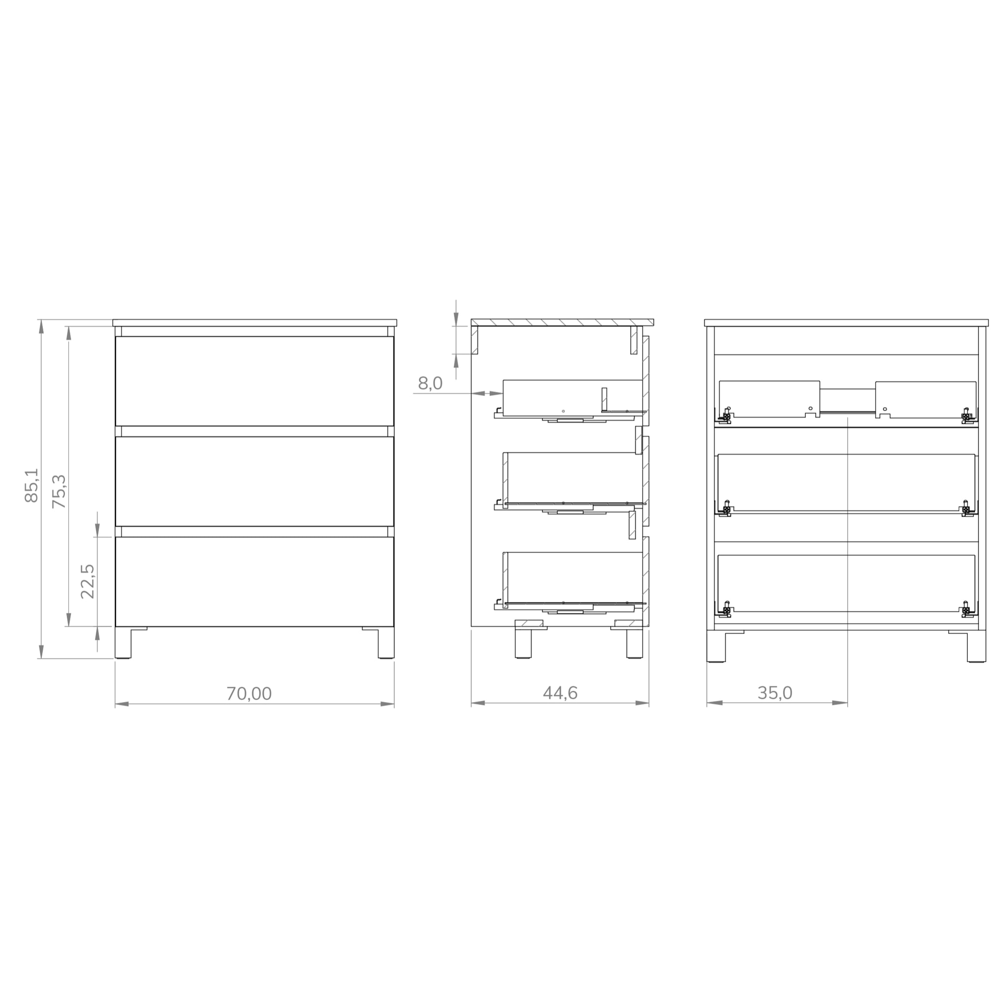 Conjunto de baño Wink | 70 cm Gris Mate | Tres cajones | Lavabo encastrado | No incluye espejo | Mueble montado | Alday